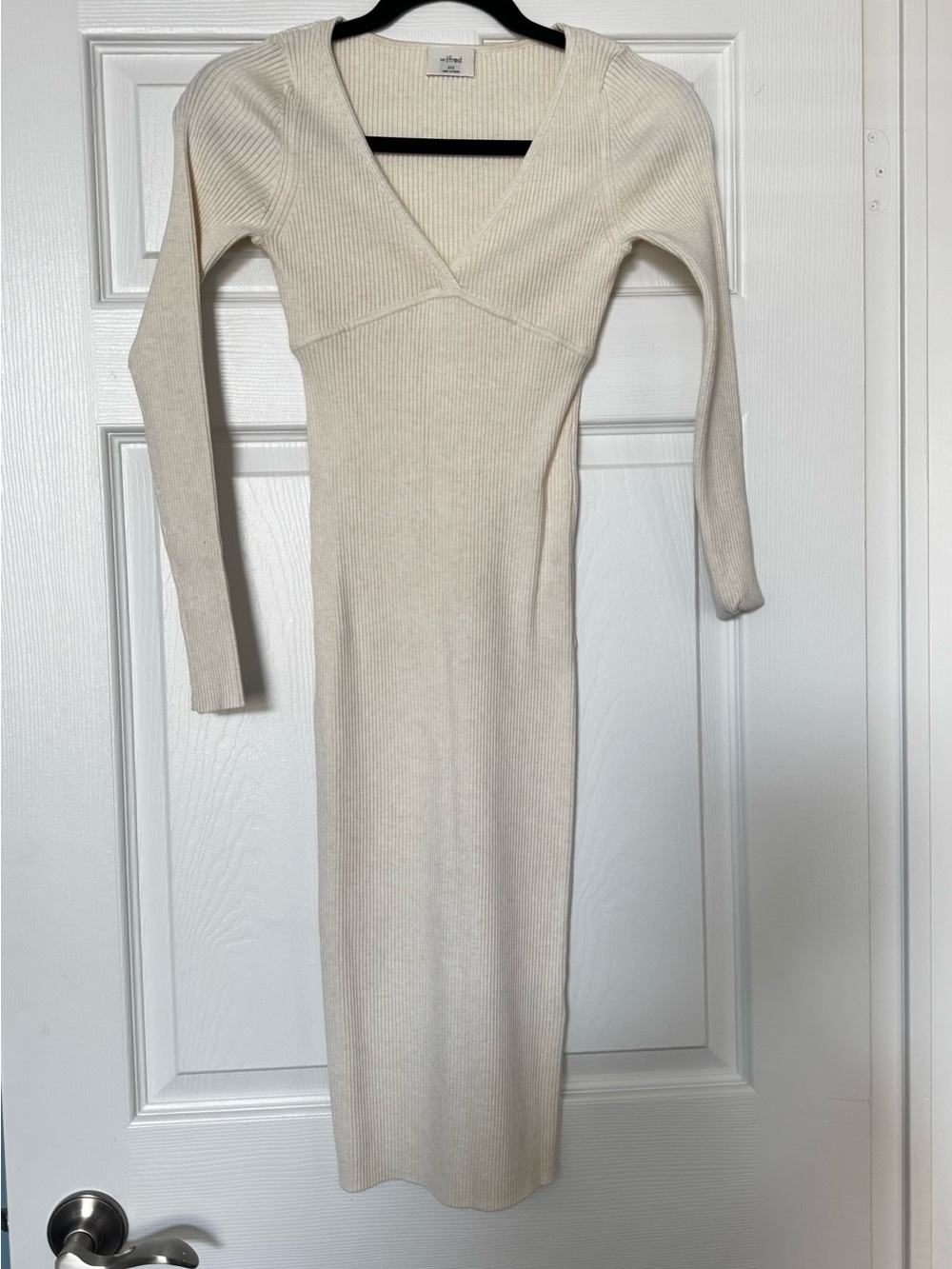Wilfred Cream Ribbed V-Neck Long Sleeve Midi Dress